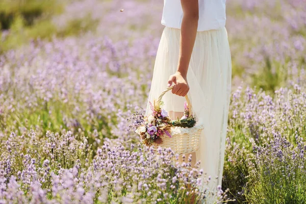 在田里用篮子采摘薰衣草的漂亮白衣女子近景 — 图库照片