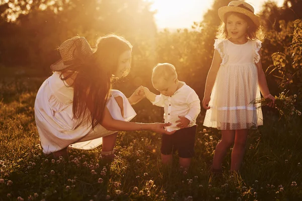 Cheerful Family Mother Little Son Daughter Spending Free Time Field — Stock Photo, Image