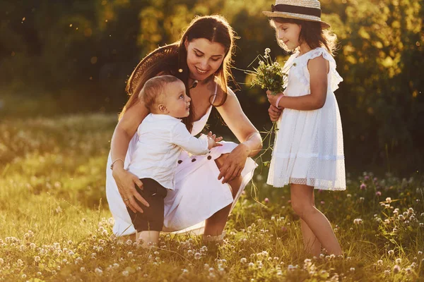 Happy Family Mother Little Son Daughter Spending Free Time Meadow — Stock Photo, Image