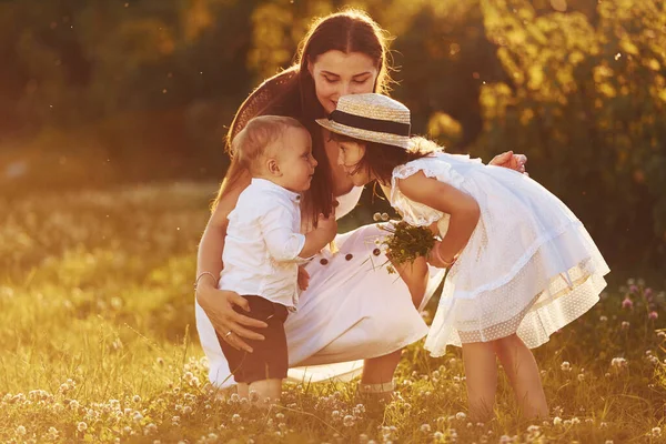 Happy Family Mother Little Son Daughter Spending Free Time Meadow — Stock Photo, Image