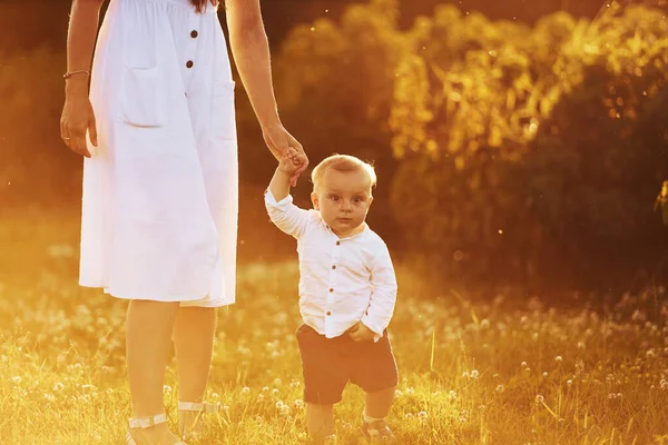 Mother Standing Her Son Free Time Field Sunny Day Time — Stock Photo, Image