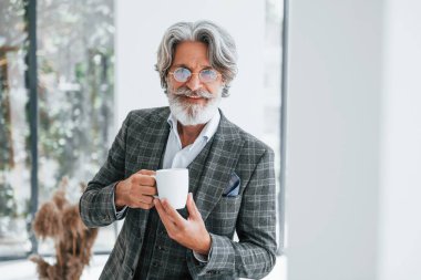 Ofisteki iş adamı. Gri saçlı ve sakallı son sınıf modacı modern adam..