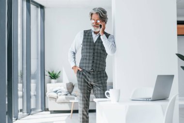 Resmi kıyafetli patron ofiste çalışıyor. Gri saçlı ve sakallı son sınıf modacı modern adam..