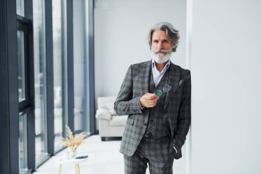 Odada dikiliyorum. Gri saçlı ve sakallı son sınıf modacı modern adam..