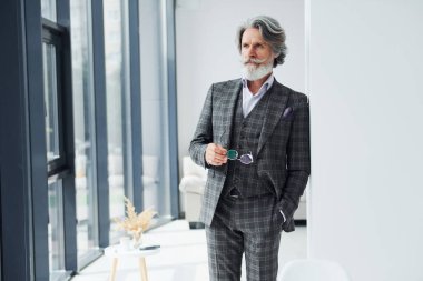 Odada dikiliyorum. Gri saçlı ve sakallı son sınıf modacı modern adam..