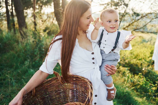 Positive Housewife Hangs White Clothes Dry Young Mother Her Little — Stock Photo, Image