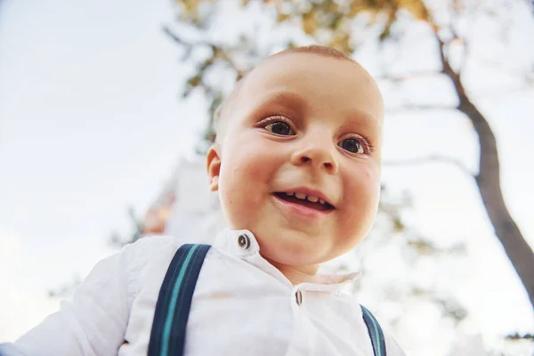 Portrait Happy Little Boy Standing Smiles Camera Outdoors — Stock Photo, Image