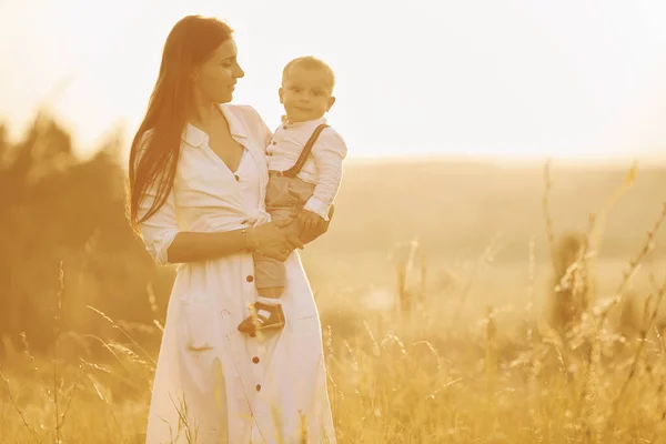 Young Mother Her Little Son Outdoors Agricultural Field Beautiful Sunshine — Stock Photo, Image