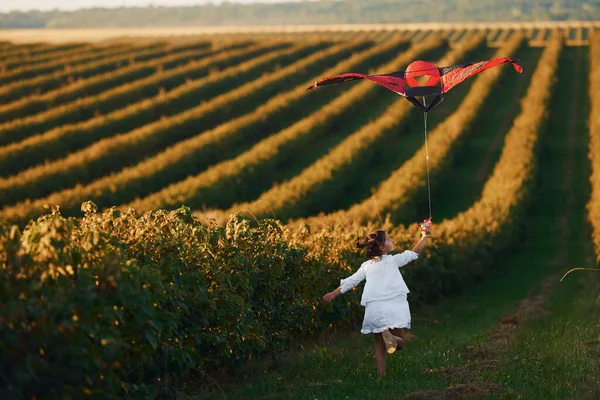 Active Little Girl White Clothes Running Red Kite Field — Stock Photo, Image