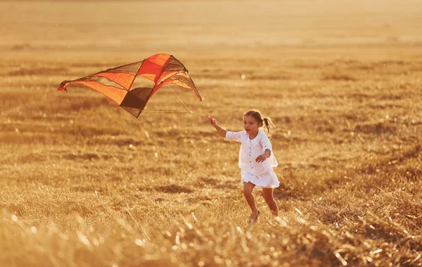 Glückliches Kleines Mädchen Läuft Sommer Mit Rotmilan Freien Auf Dem — Stockfoto