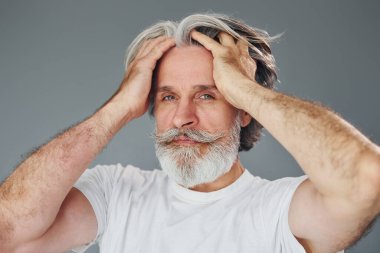 Güzel bir portre. Gri saçlı ve sakallı modern son sınıf öğrencisi içeride..