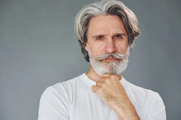 Belo Retrato Homem Sênior Moderno Elegante Com Cabelo Grisalho Barba — Fotografia de Stock