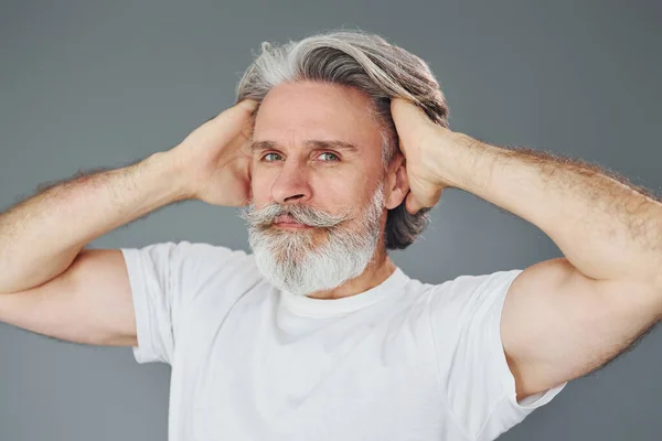 Beautiful Portrait Stylish Modern Senior Man Gray Hair Beard Indoors — Stock Photo, Image