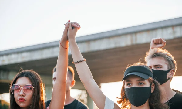 Fists Rased High Group Protesting Young People Standing Together Activist — Stock Photo, Image