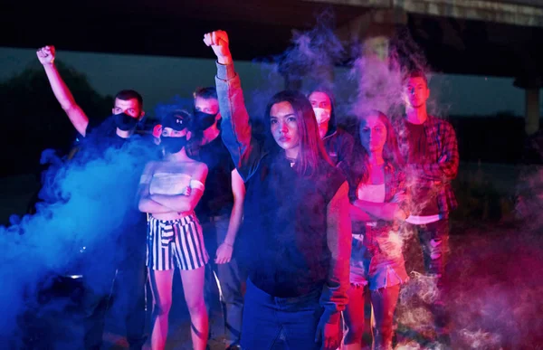 Smoke Fists Police Group Protesting Young People Standing Together Activist — Stock Photo, Image