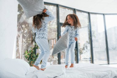 Yastık savaşı. Evde birlikte oturan iki küçük tatlı kız. Çocuklar eğleniyor..