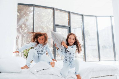Ellerinde yastıklarla. Evde birlikte oturan iki küçük tatlı kız. Çocuklar eğleniyor..