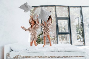 Ellerinde yastıklarla. Evde birlikte oturan iki küçük tatlı kız. Çocuklar eğleniyor..