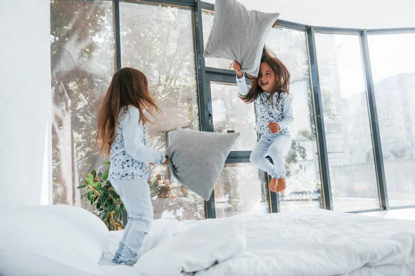 Yastık savaşı. Evde birlikte oturan iki küçük tatlı kız. Çocuklar eğleniyor..