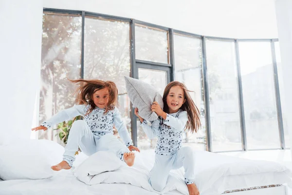 Ellerinde yastıklarla. Evde birlikte oturan iki küçük tatlı kız. Çocuklar eğleniyor..