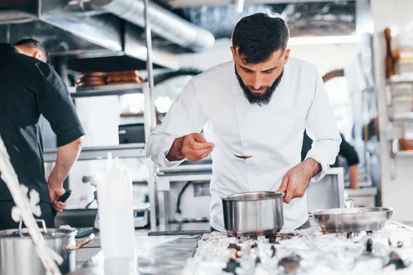 Chef White Uniform Cooking Food Kitchen Busy Day Work — Stock Photo, Image