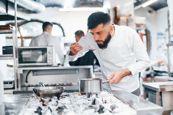 Chef White Uniform Cooking Food Kitchen Busy Day Work — Stock Photo, Image