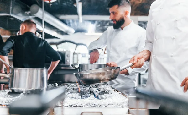 People White Uniform Cooking Food Kitchen Together Busy Day Work — Stock Photo, Image