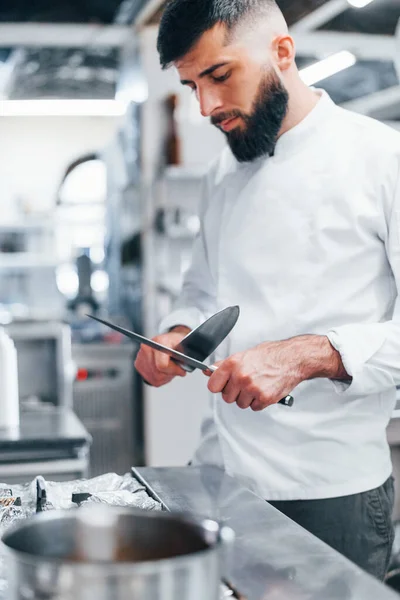 Chef White Uniform Standing Kitchen Holding Knives Hands — Stock Photo, Image