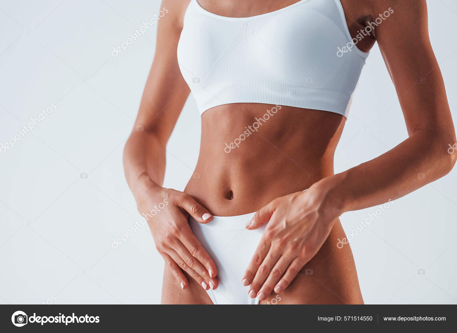 Close View Stomach Beautiful Woman Slim Body Underwear Studio Stock Photo  by ©myronstandret 571514550
