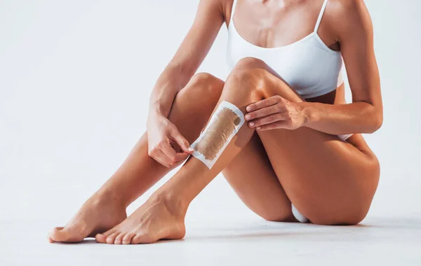 Removing Hair Leg Beautiful Woman Slim Body Underwear Studio — Stock Photo, Image