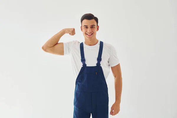 Zeigt Bizeps Bereit Zur Arbeit Männlicher Arbeiter Blauer Uniform Steht — Stockfoto