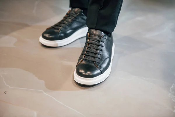 Close View Man Legs Modern New Luxury Black Shoes — Stock Photo, Image