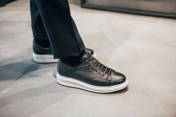 Close View Man Legs Modern New Luxury Black Shoes — Stock Photo, Image