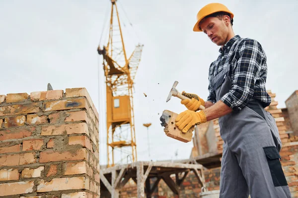 Con Espátula Para Construcción Trabajador Uniforme Equipo Seguridad Tienen Trabajo — Foto de Stock