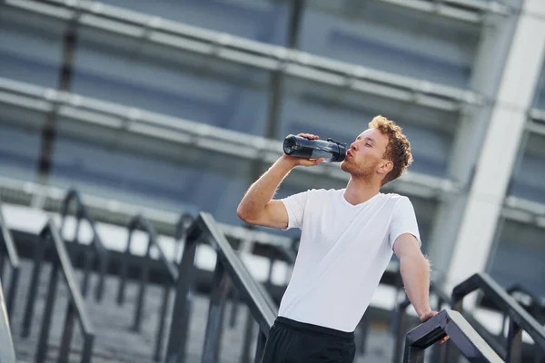 Drinks Water Takes Break Young Man Sportive Clothes Have Workout — Stock Photo, Image