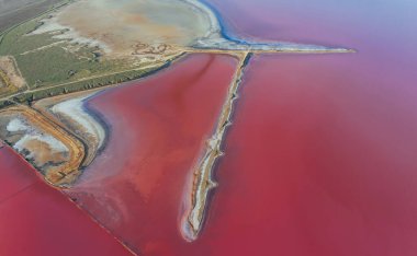 İnanılmaz mor su. Ukrayna 'daki Jarilgach adasının havadan görünüşü. Görkemli manzaralar.