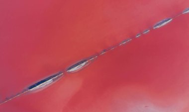 İnanılmaz mor su. Ukrayna 'daki Jarilgach adasının havadan görünüşü. Görkemli manzaralar.