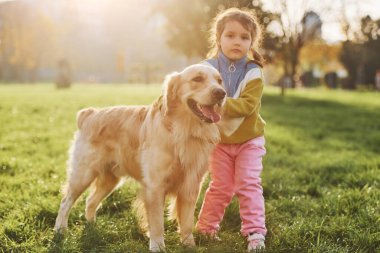 Küçük kız gündüz vakti Golden Retriever köpeğiyle parkta yürüyüşe çıkıyor..