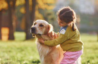 Küçük kız gündüz vakti Golden Retriever köpeğiyle parkta yürüyüşe çıkıyor..