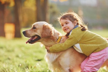 Küçük kız gündüz vakti Golden Retriever köpeğiyle parkta yürüyüşe çıkıyor..
