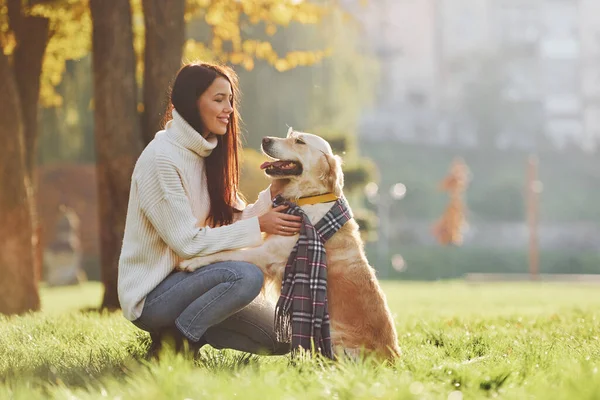 Bär Halsduken Ung Kvinna Promenad Med Golden Retriever Parken — Stockfoto