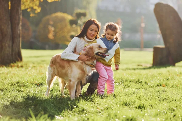 Mor Med Sin Dotter Har Promenader Med Golden Retriever Hund — Stockfoto