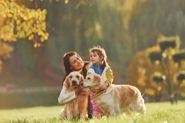 Madre Con Hija Han Caminado Con Dos Perros Golden Retriever — Foto de Stock