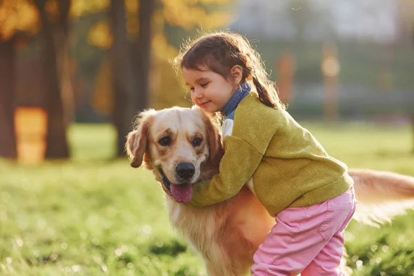 Küçük kız gündüz vakti Golden Retriever köpeğiyle parkta yürüyüşe çıkıyor..