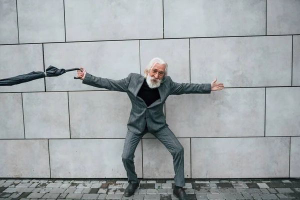 Holds Umbrella Senior Businessman Formal Clothes Grey Hair Beard Outdoors — Stock Photo, Image
