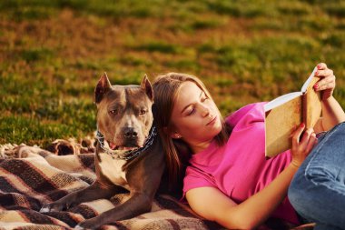 Battaniyeye uzanmak. Gündelik elbiseli bir kadın pitbull 'la dışarıda..