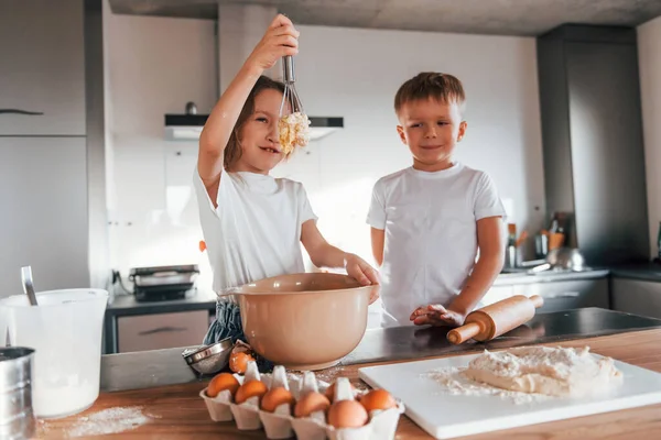 Weekend Activities Little Boy Girl Preparing Christmas Cookies Kitchen — Stock Photo, Image