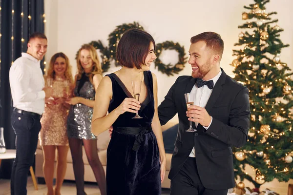 Having Conversation Group People Have New Year Party Indoors Together — Stock Photo, Image