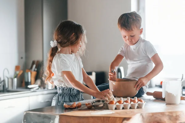 Sitting Table Little Boy Girl Preparing Christmas Cookies Kitchen — Stock Photo, Image