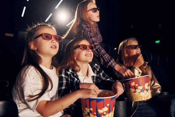 Side View Group Kids Sitting Cinema Watching Movie Together — Stock Photo, Image